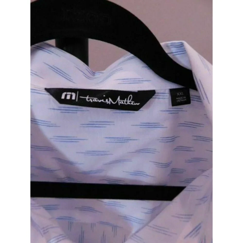 Travis Mathew Men's Dress Shirt 2XL XXL White with Blue